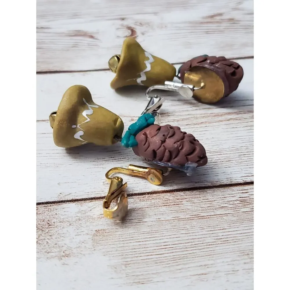 Vintage Clip On Earrings - Very Unusual Bell Dangle Green & Brown